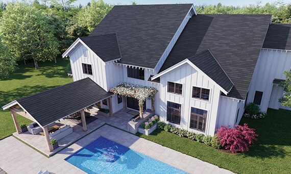 Aerial perspective of home with slate-look porcelain tile roofing.