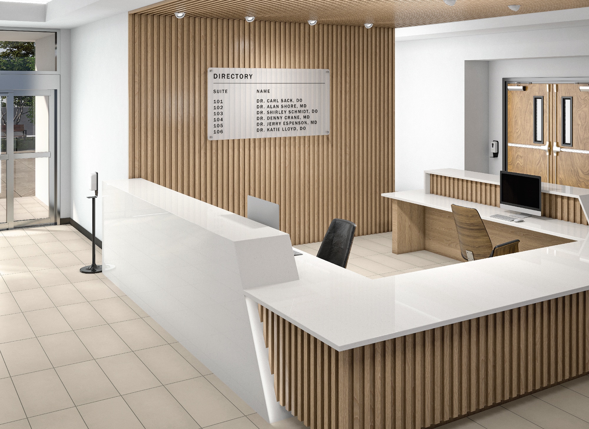 Commercial lobby with directory welcome desk, beige floor tile, light wood accents on walls, and a white marble table top and counter.