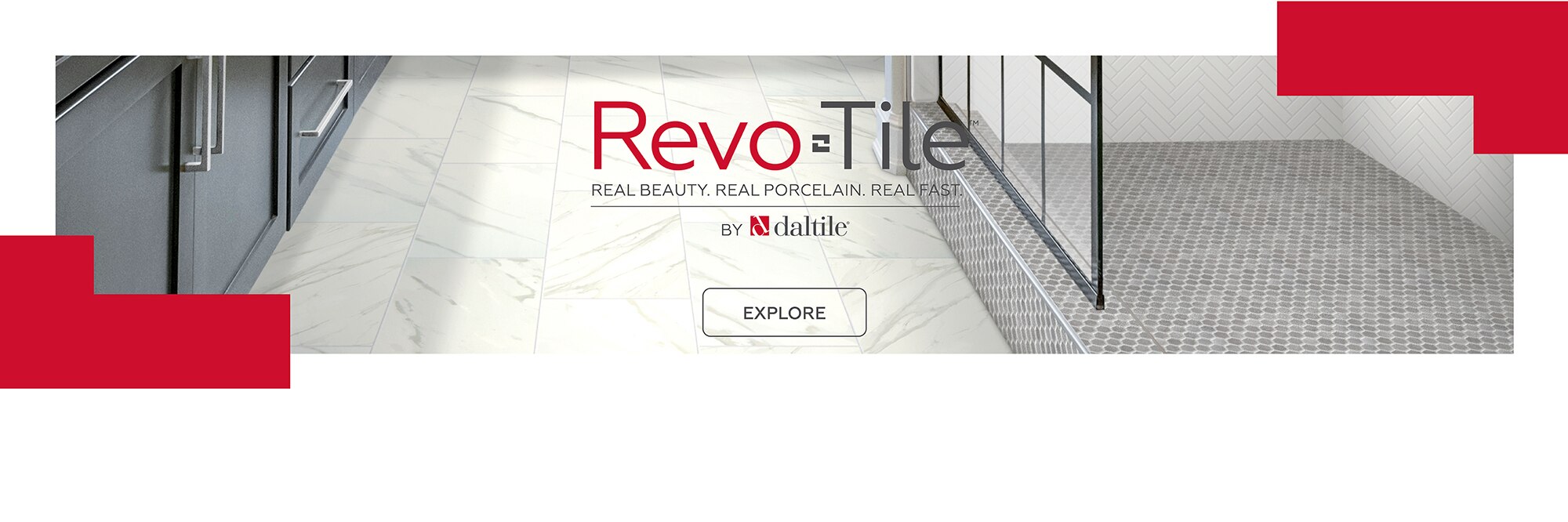RevoTile by Daltile. Real Beauty. Real Porcelain. Real Fast. Bathroom with marble look click tile flooring, shower with herringbone tile and hexagon tile shower floor.
