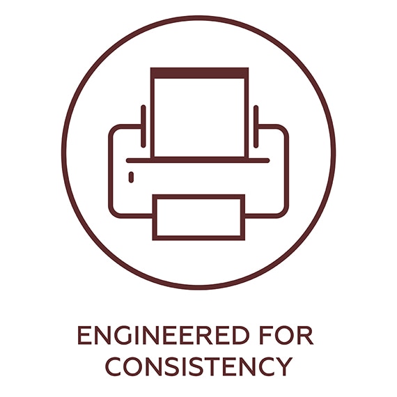 Engineered for consistency, printer icon.