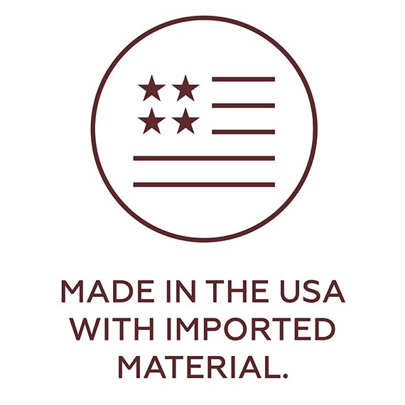 Made in the USA with imported material, flag icon.