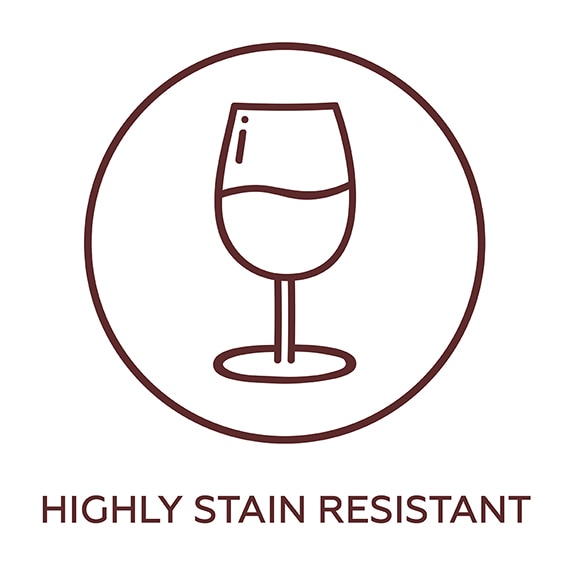 Highly stain resistant, wine glass icon.