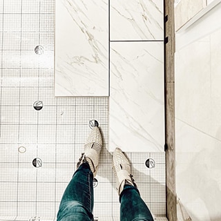 Bird's eye view of RevoTile - Marble Look with underlayment.