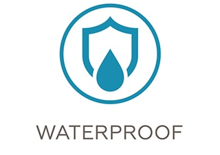 Waterproof tile icon depicting illustration of a shield with a drop of water rolling off of it.