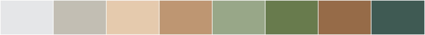 Biophilic Essence color palette with greens, browns and whites.