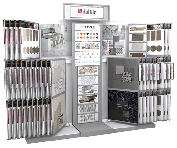Daltile Design Studio display featuring product boards containing room scenes and tile samples