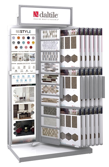 Daltile Flexible Design Studio display featuring product boards containing room scenes and tile samples