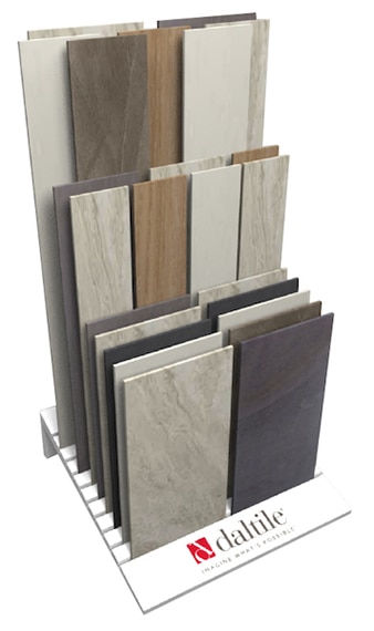 Daltile Universal Riser display with wood look, stone look and concrete look tile samples