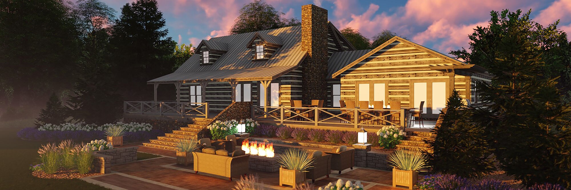Modern log house with wood deck, large planter boxes, wooden stairs leading to lawn with seating around a firepit.