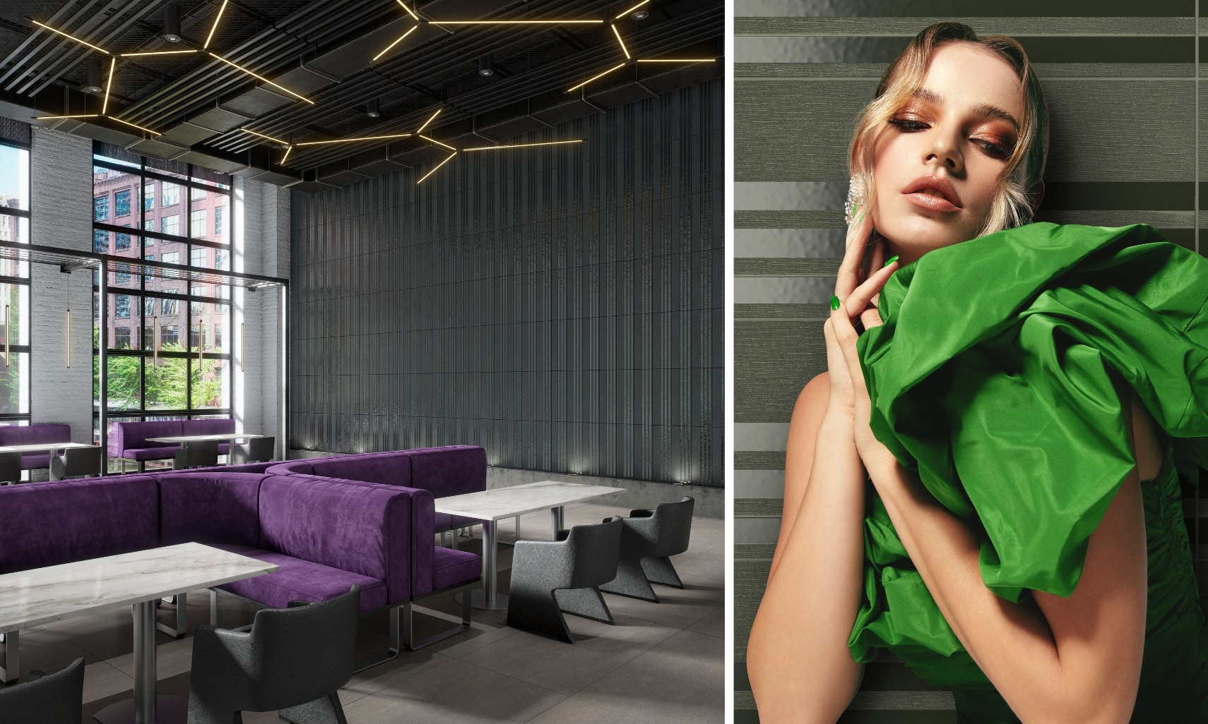 Collage of a restaurant dining room with wall of black tile with glossy and matte stripes and woman standing in front of a wall of green glossy and matte stripes.