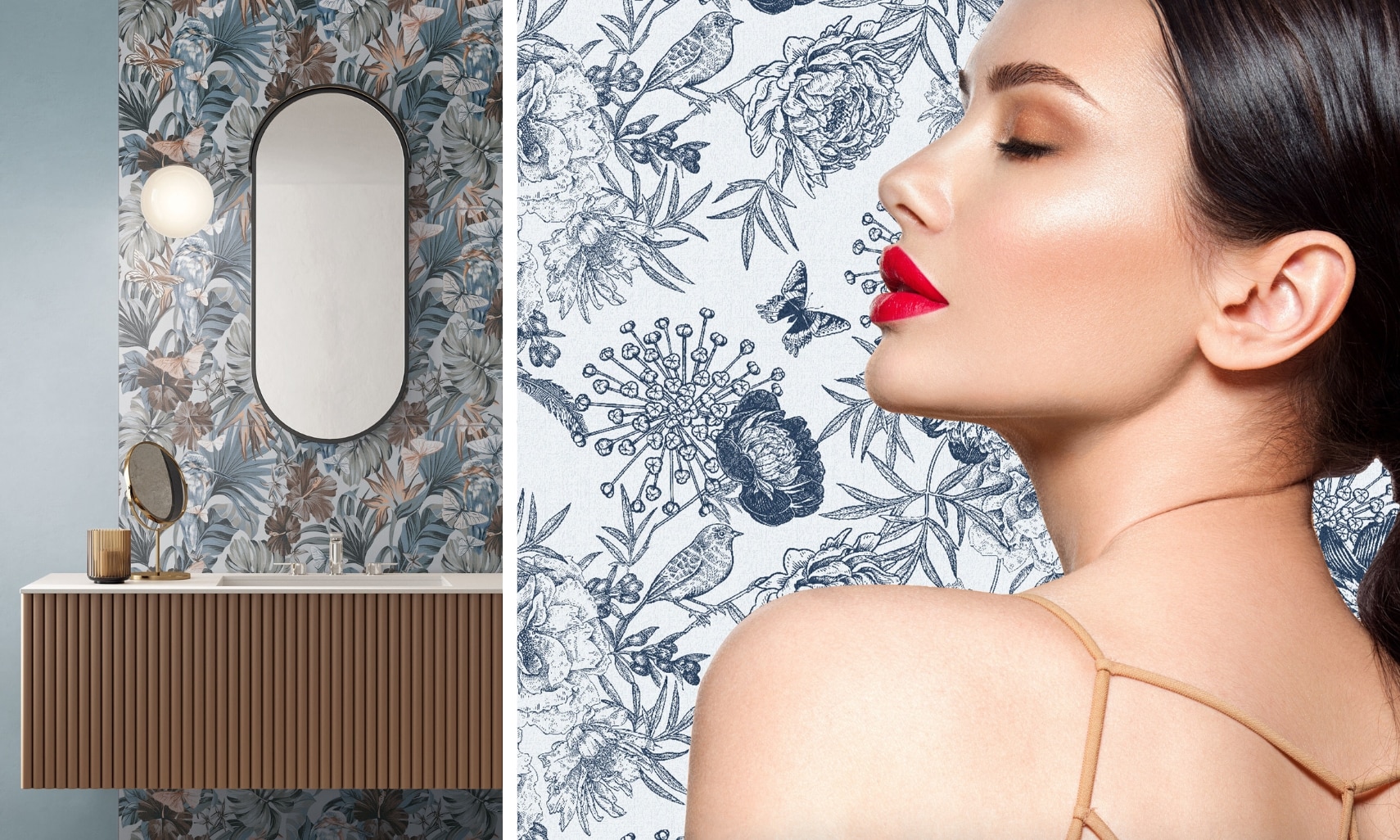 Collage of a bathroom backsplash with blue, brown, and gray wall tile with images of tropical flowers and animals, and a woman in front of a white tile with blue sketches.