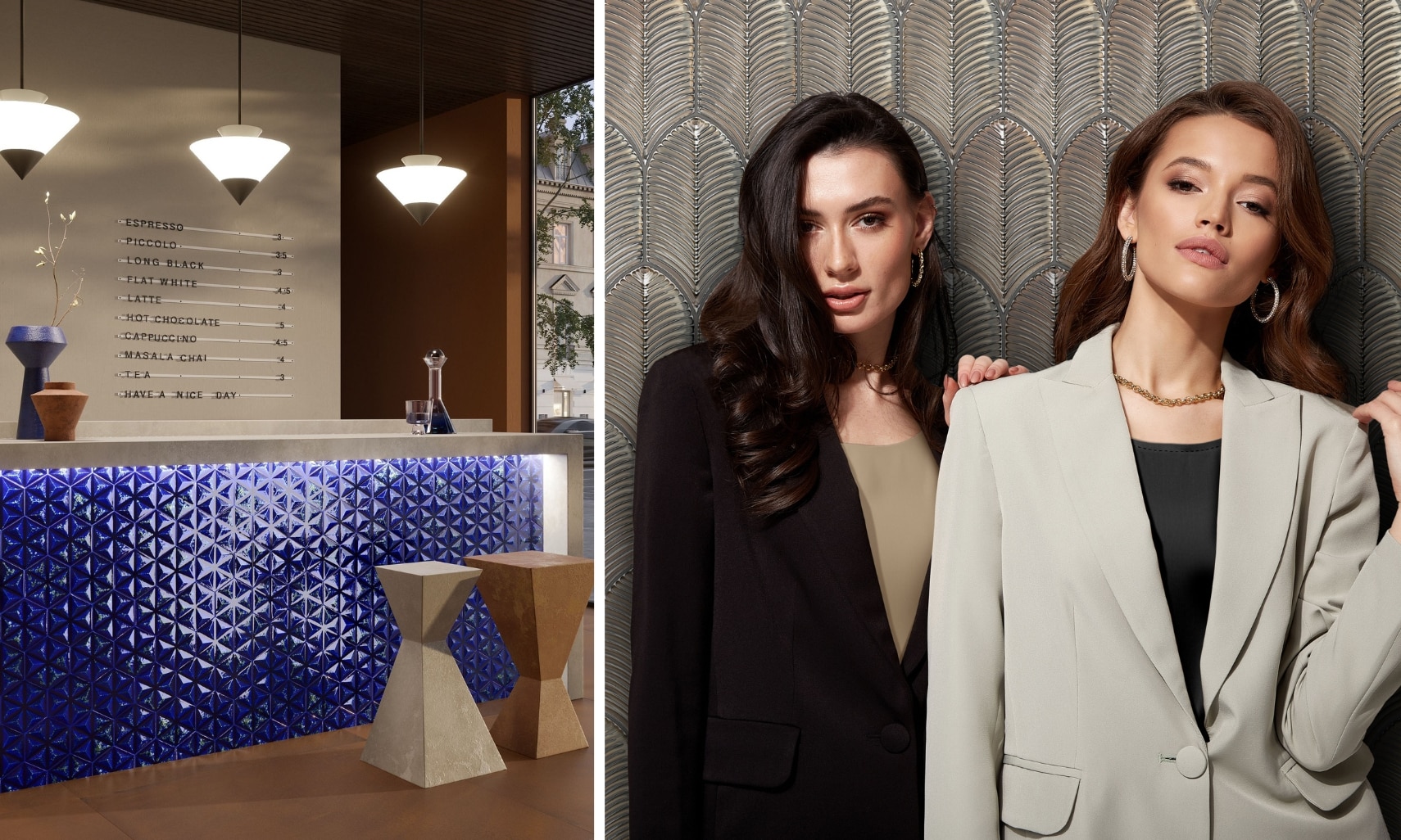 Collage of coffee shop with countertop base covered in textured deep blue hexagon tile, and gold leaf-shaped tile behind two female models. 