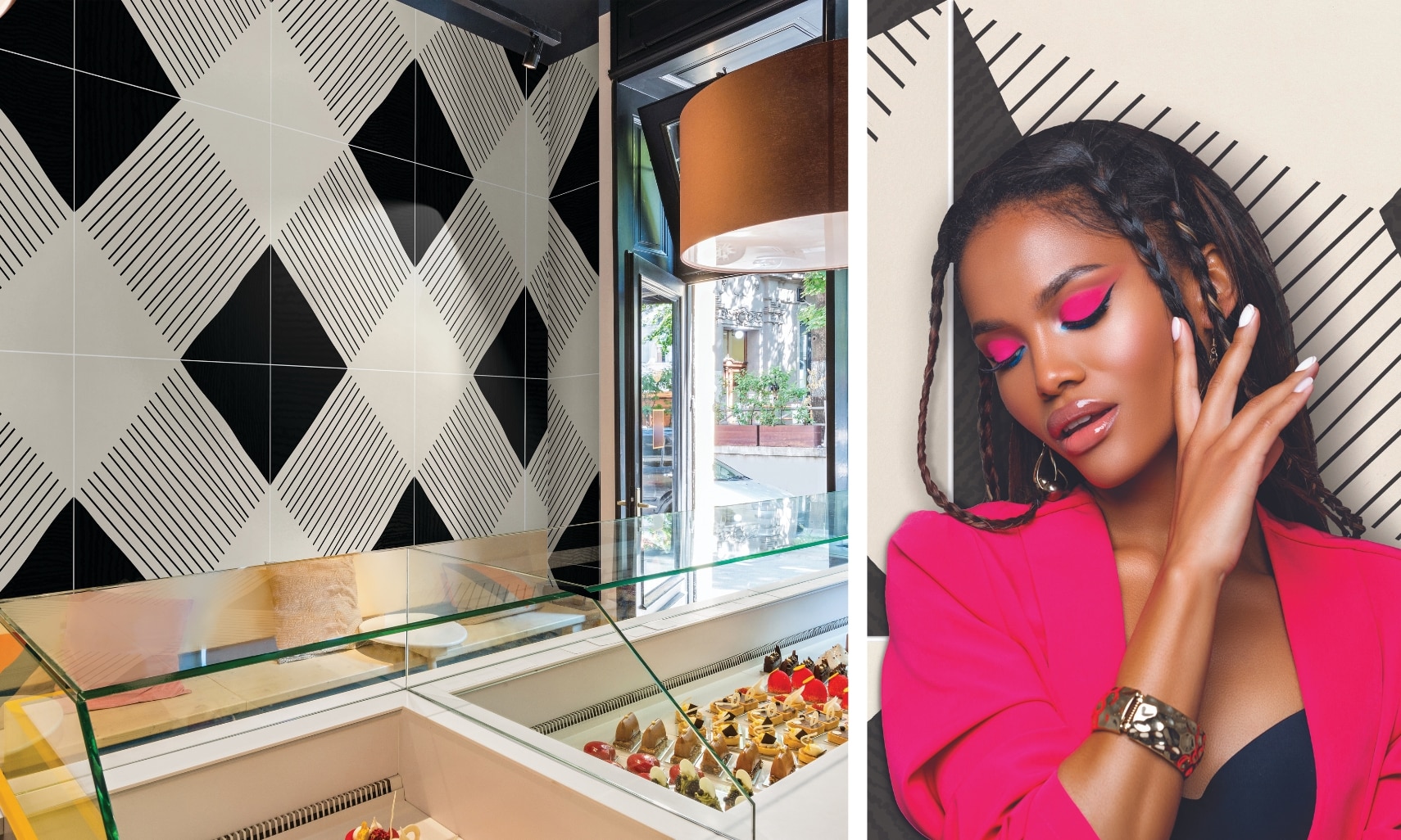 Collage of an epicurean café with white and black geometric wall tile, and a woman wearing a bright pink jacket in front of a white and black geometric wall tile.