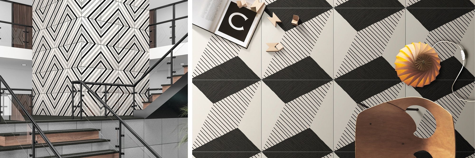Collage of an office atrium staircase with center column covered with white, black, and gray geometric tile, and wooden chair on black and white geometric floor tile.