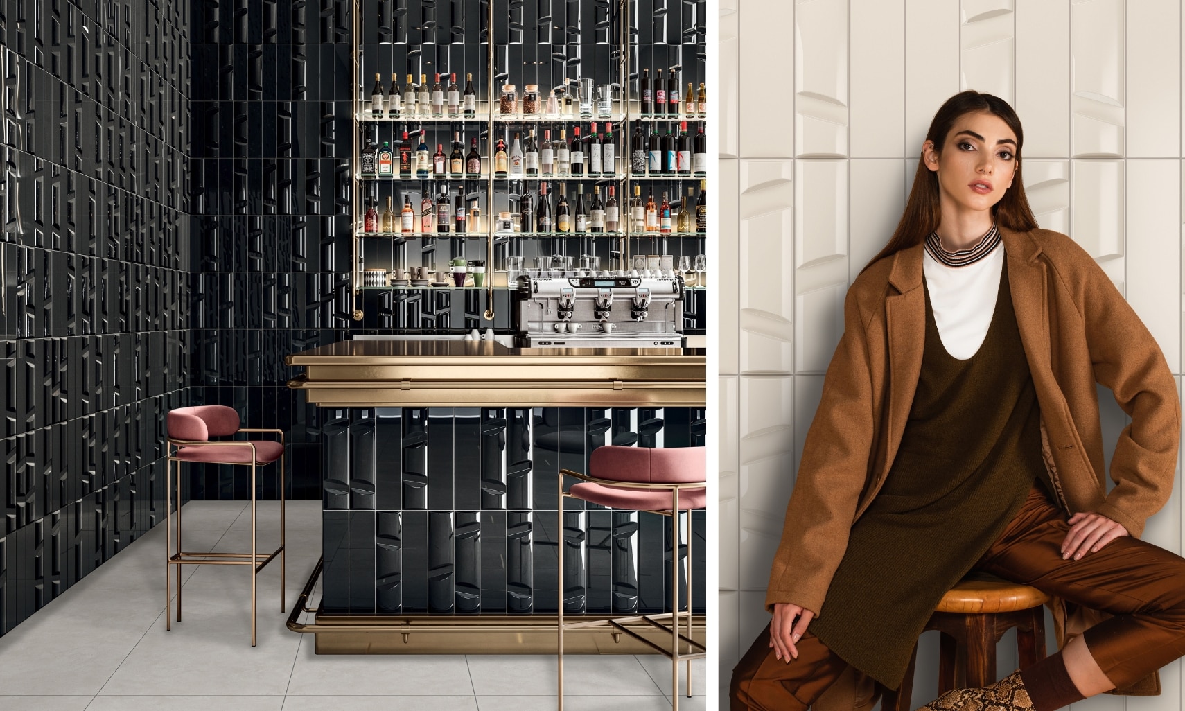 Collage of a bar with black glossy dimensional wall tile, brass countertop and pink velvet barstools, and a woman in front of off-white wall with glossy dimensional tile.