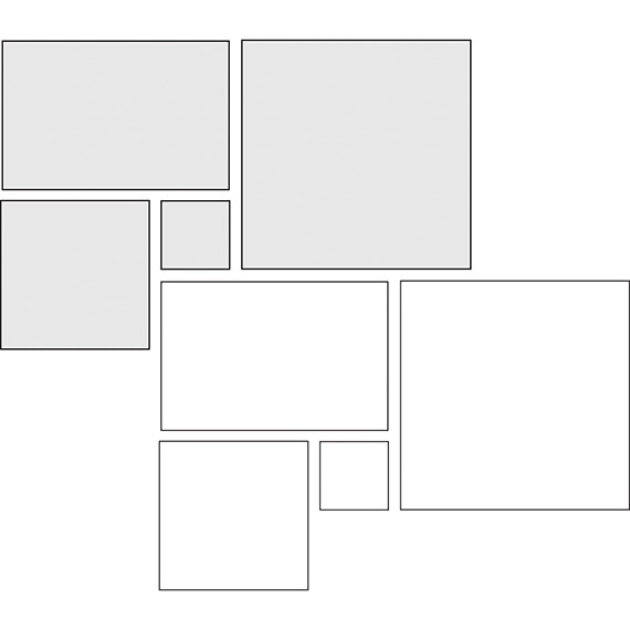 Modular pinwheel tile pattern guide for four tile sizes