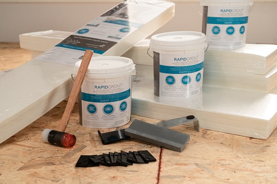 RevoTile Accessories. ClicFit Install Kit with RapidGrout, RapidPrep, and mallet