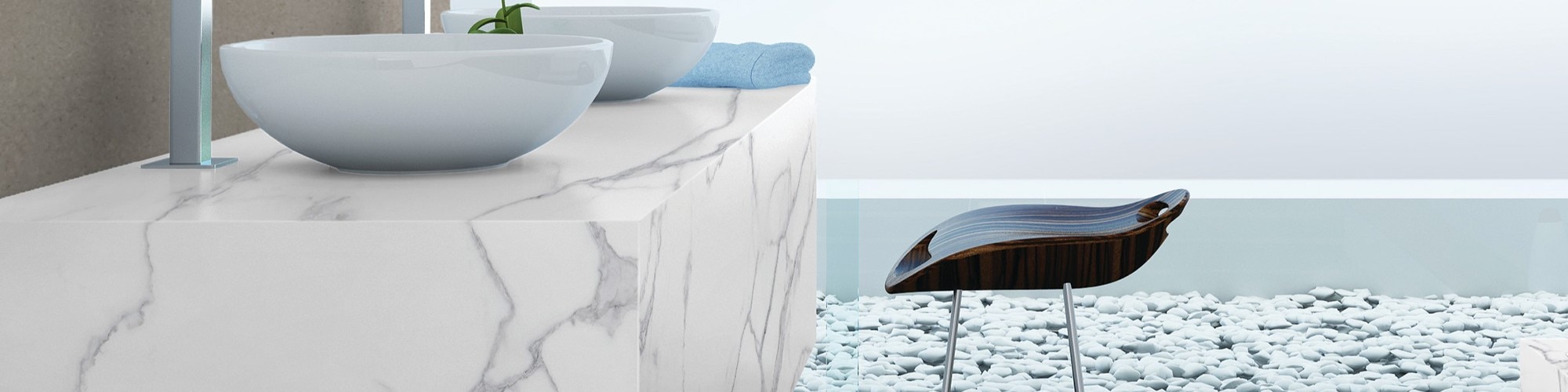Bathroom with floating vanity made of white & gray marble look porcelain slab, dual white vessel sinks, small black vanity chair, and light blue flooring.