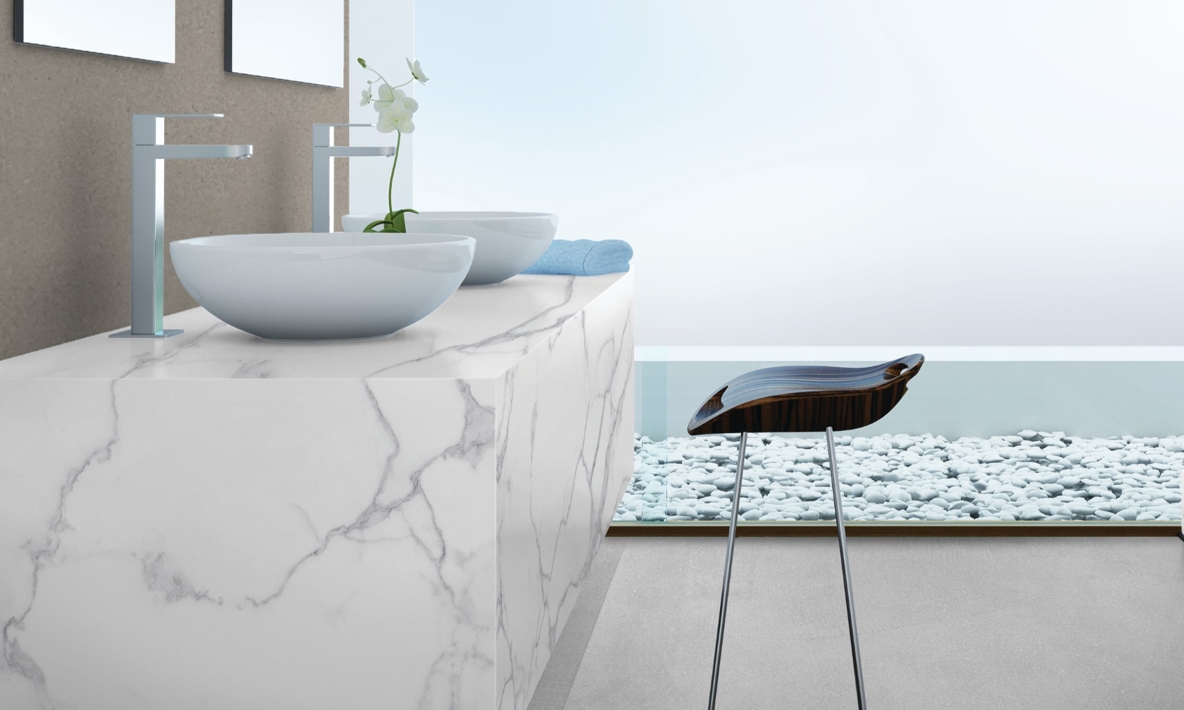Bathroom with floating vanity made of white & gray marble look porcelain slab, dual white vessel sinks, small black vanity chair, and gray fabric look flooring.