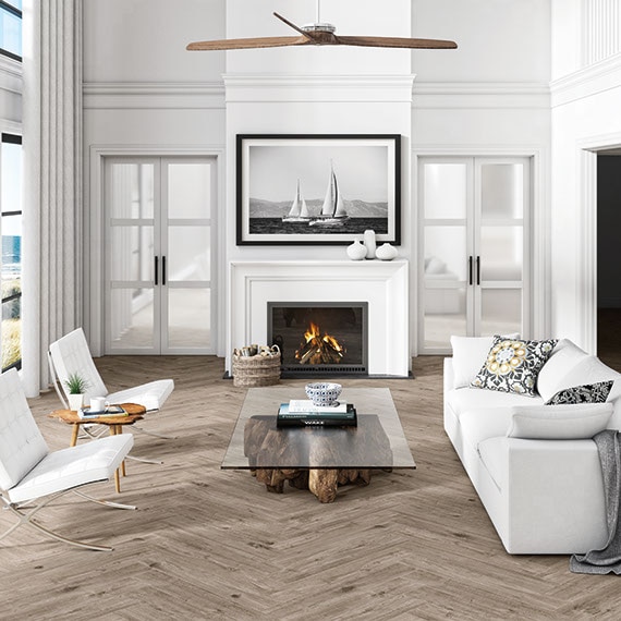 Modern black and white living room with fireplace and wood look diagonal patterned tile