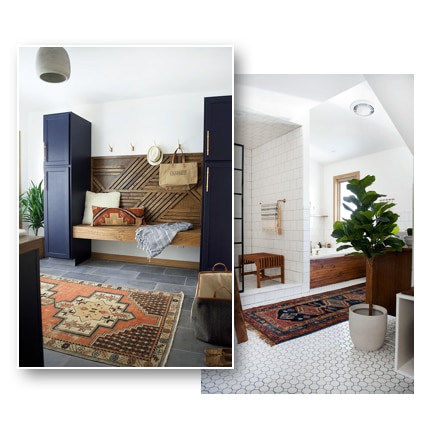 A collage of two finished rooms, a command center with cement look tile and a bathroom with white tile