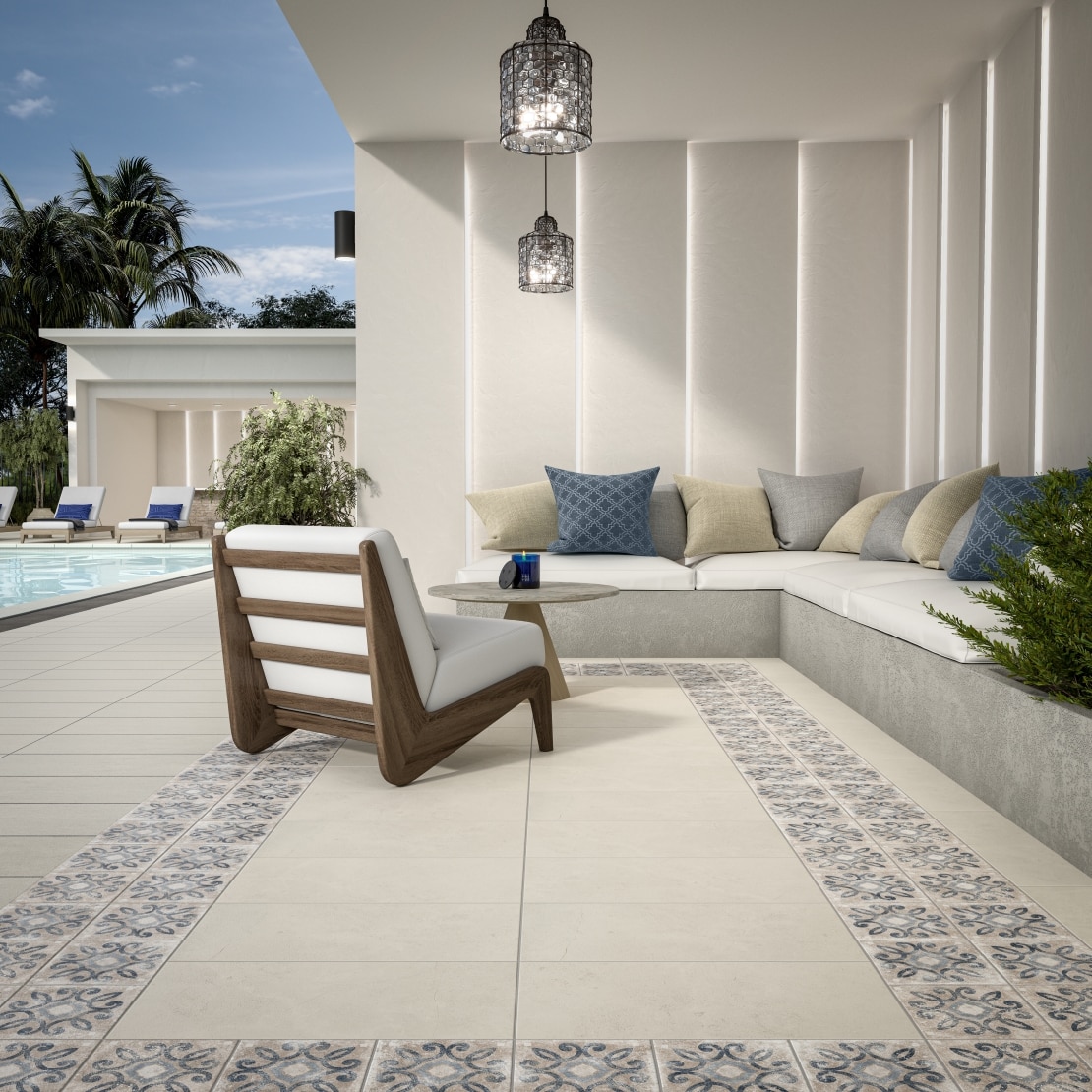 Cabana section next to the pool with encaustic tiles surrounding the area.