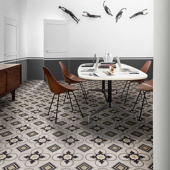 Modern style dining room with contemporary furnishings and encaustic terrazzo tile on the floor