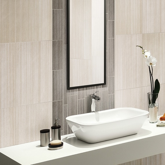 Small bathroom with black and white checkerboard floors and encaustic accent wall