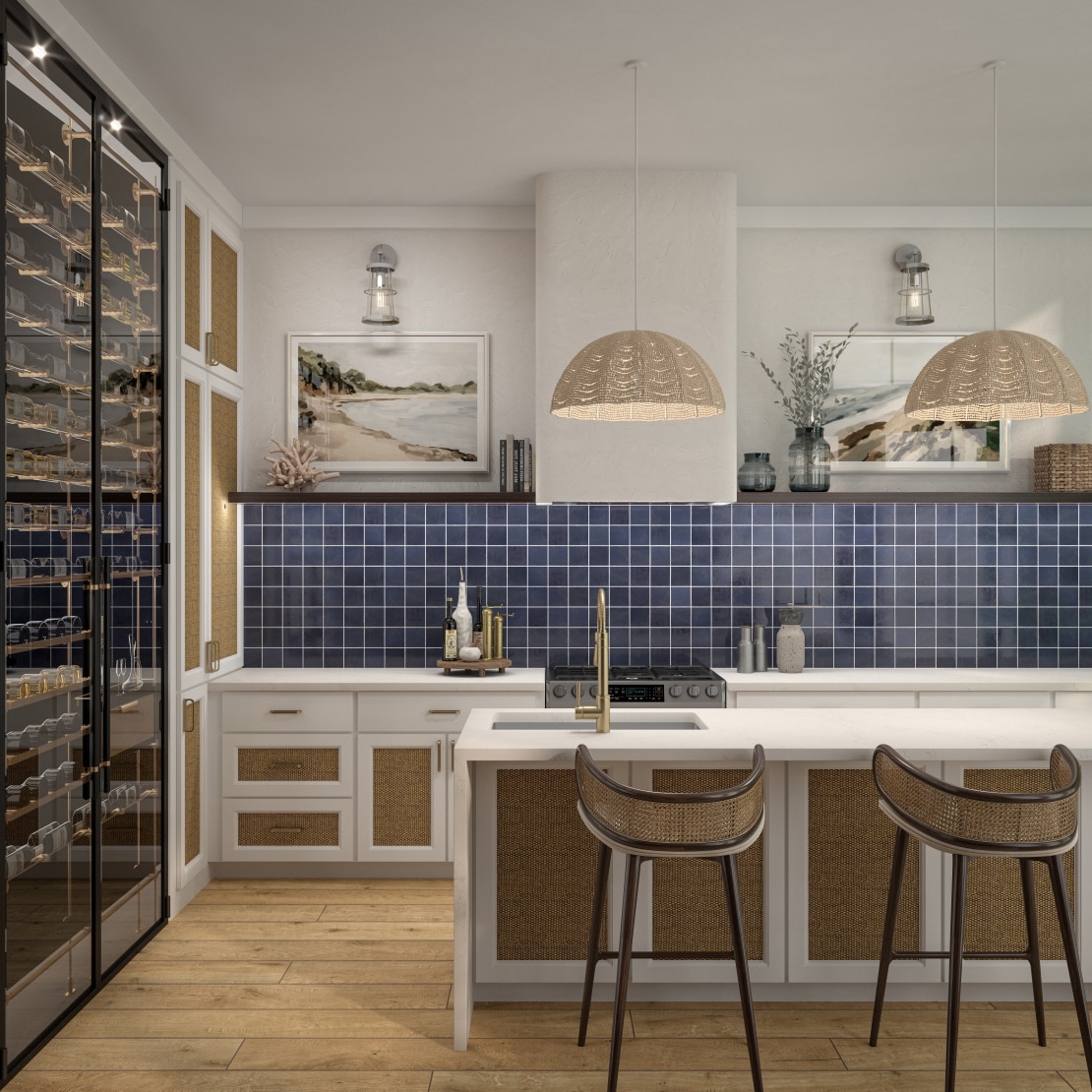 Residential kitchen with blue backsplash, rattan and white cabinets with a large wine fridge.