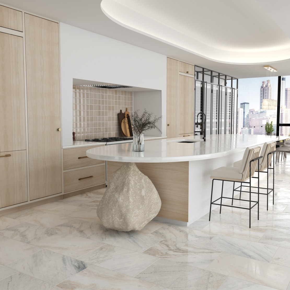 Residential kitchen with beige tones throughout.
