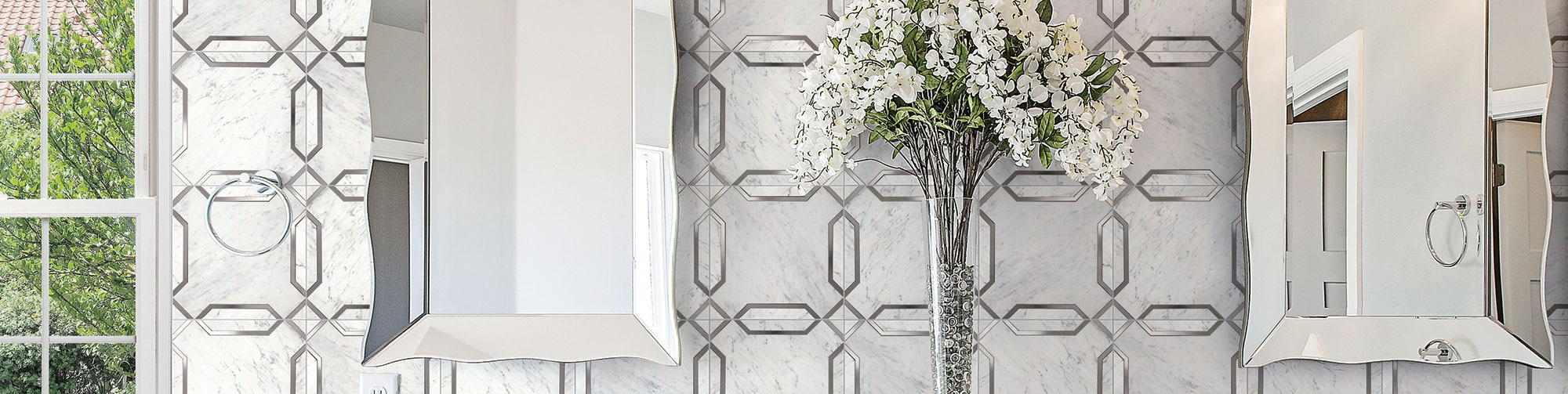 Beautiful white marble and metal pattern tile accent wall with trendy mirrors