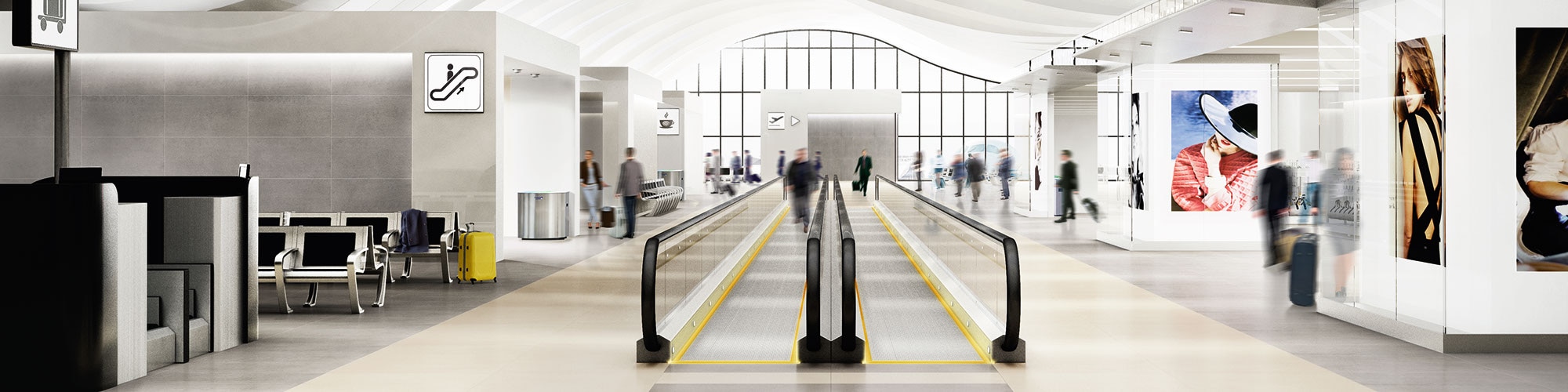 A large airport corridor with two different colors of large format tile on the floor, both monochromatic and chic