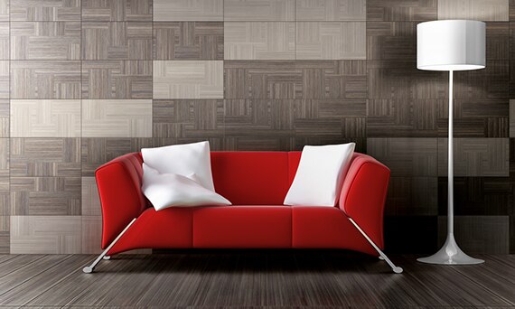 Foyer fabric look gray tile on the floor and wall with red contemporary sofa